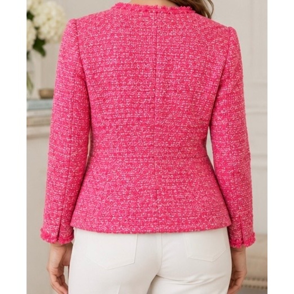 Talbots Tweed Blazer Womens 12 Pink Fringe Trim Button Front Peplum Jacket - Picture 2 of 10